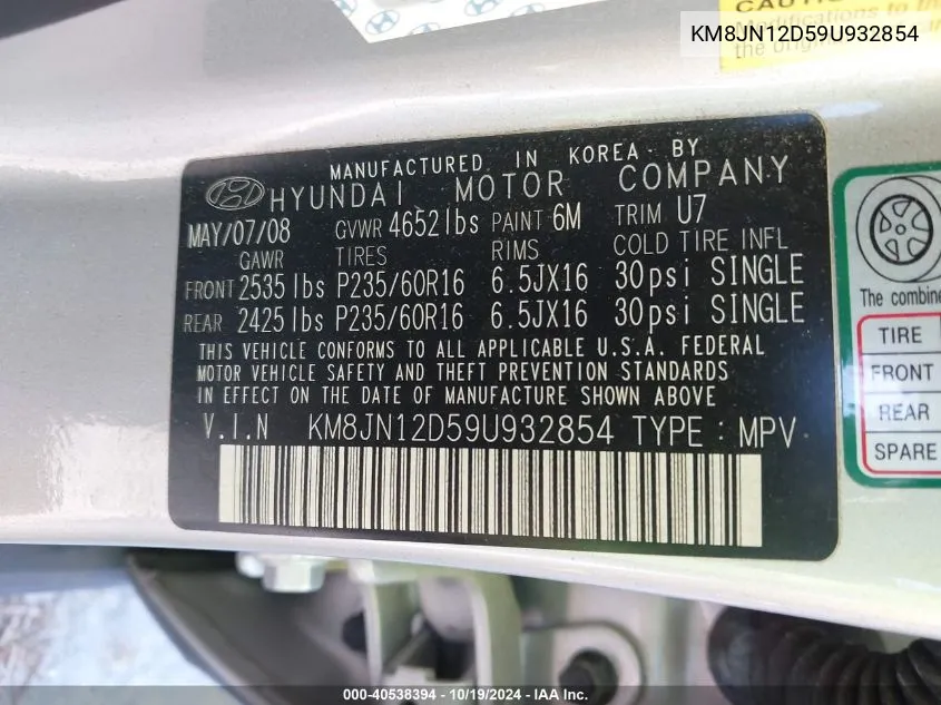 KM8JN12D59U932854 2009 Hyundai Tucson Se