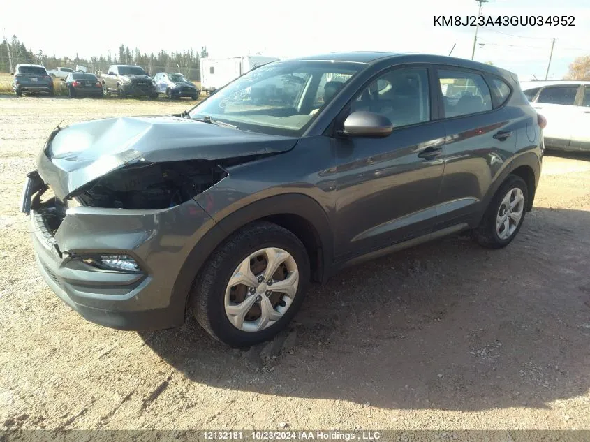 2016 Hyundai Tucson VIN: KM8J23A43GU034952 Lot: 12132181