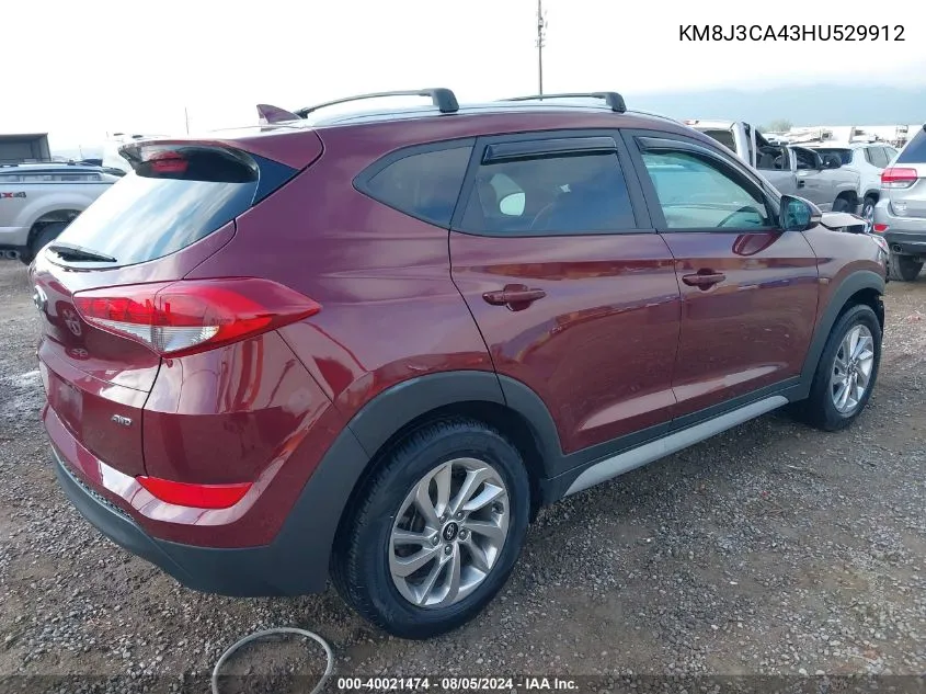 2017 Hyundai Tucson Se Plus VIN: KM8J3CA43HU529912 Lot: 40021474