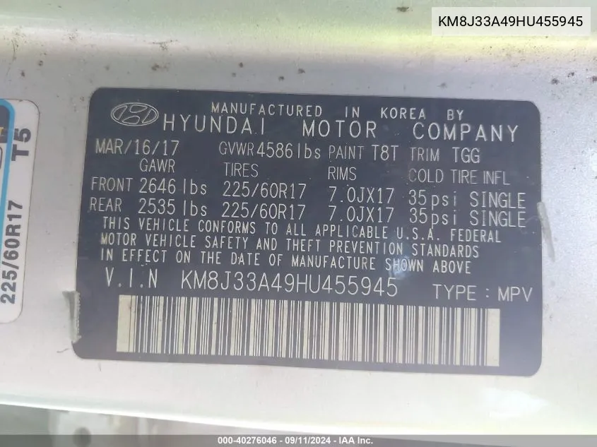 KM8J33A49HU455945 2017 Hyundai Tucson Se