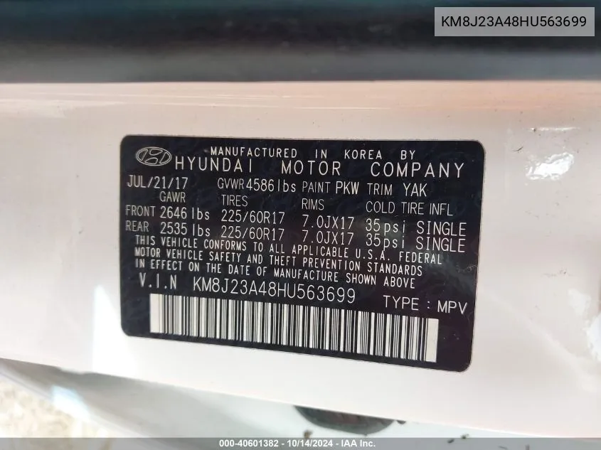 KM8J23A48HU563699 2017 Hyundai Tucson Se