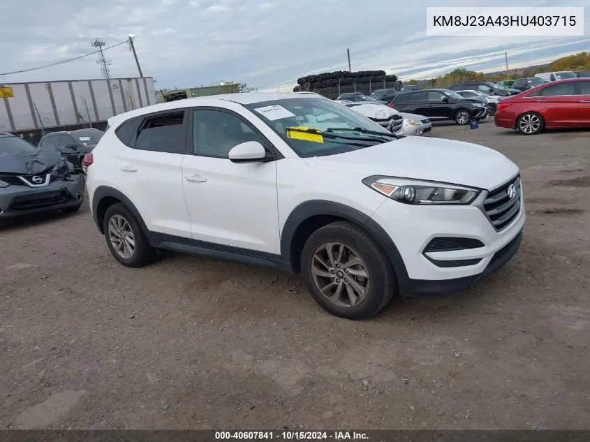 2017 Hyundai Tucson Se VIN: KM8J23A43HU403715 Lot: 40607841