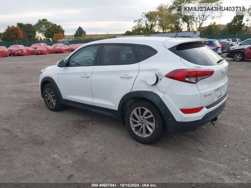 2017 Hyundai Tucson Se VIN: KM8J23A43HU403715 Lot: 40607841