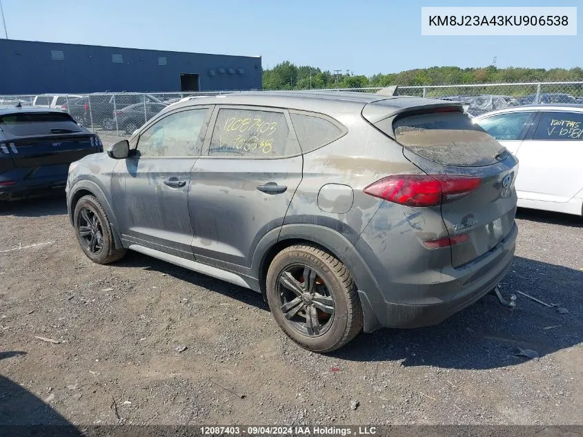 2019 Hyundai Tucson Essential W/Safety Package VIN: KM8J23A43KU906538 Lot: 12087403