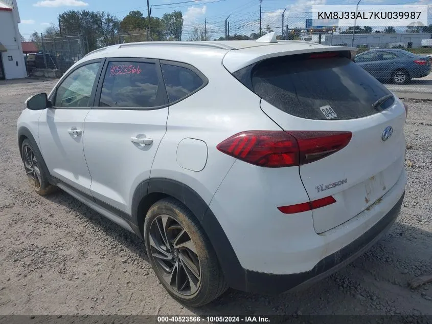 2019 Hyundai Tucson Limited/Sel/Sport/Ultimate/Value/Night VIN: KM8J33AL7KU039987 Lot: 40523566