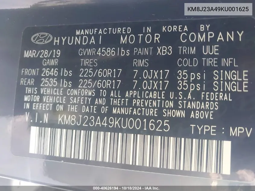 KM8J23A49KU001625 2019 Hyundai Tucson Se