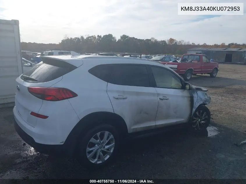 2019 Hyundai Tucson Value VIN: KM8J33A40KU072953 Lot: 40755750