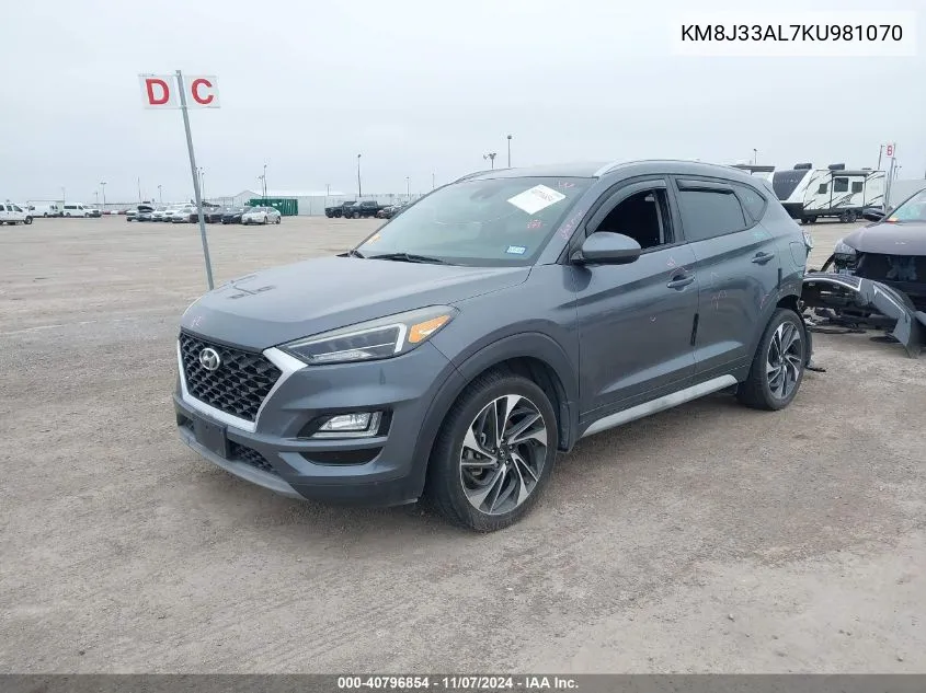 2019 Hyundai Tucson Sport VIN: KM8J33AL7KU981070 Lot: 40796854