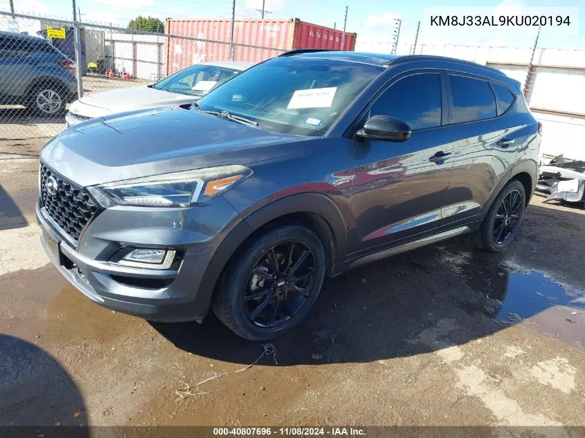 2019 Hyundai Tucson Night VIN: KM8J33AL9KU020194 Lot: 40807696