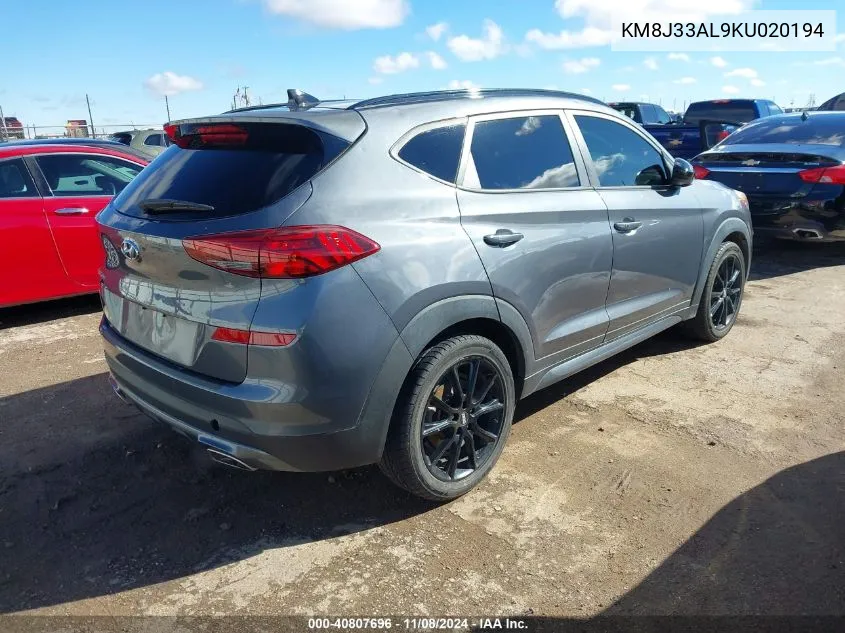 2019 Hyundai Tucson Night VIN: KM8J33AL9KU020194 Lot: 40807696