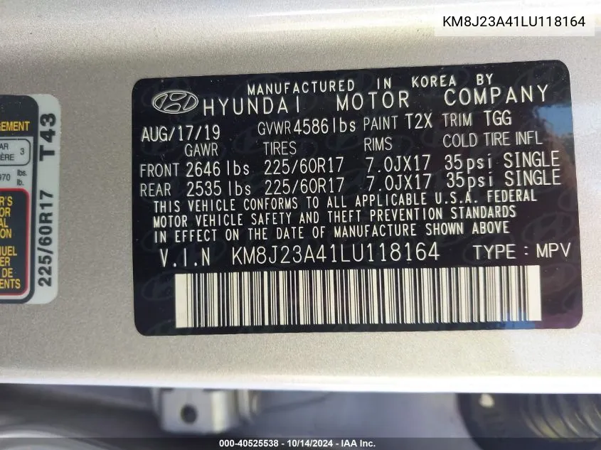 2020 Hyundai Tucson Se VIN: KM8J23A41LU118164 Lot: 40525538