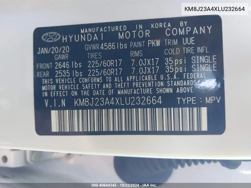 2020 Hyundai Tucson Se VIN: KM8J23A4XLU232664 Lot: 40644345