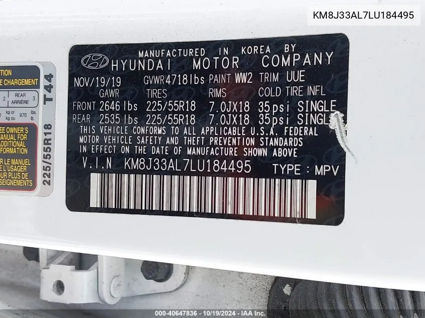 2020 Hyundai Tucson Limited/Sel/Sport/Ultimat VIN: KM8J33AL7LU184495 Lot: 40647836