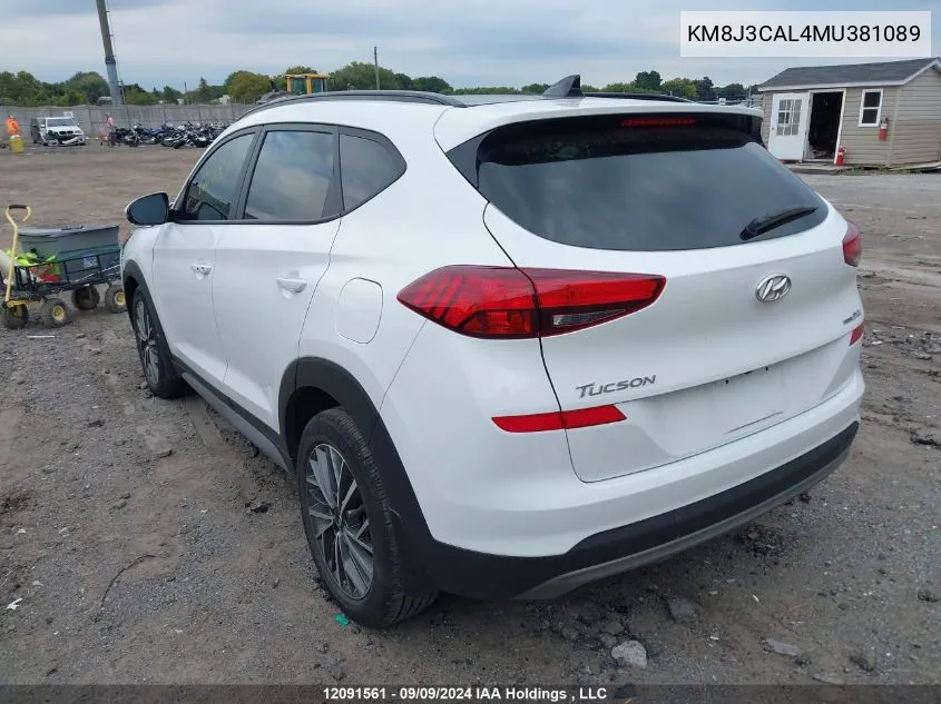 2021 Hyundai Tucson Limited/Sel/Sport/Ultimate/Value VIN: KM8J3CAL4MU381089 Lot: 12091561