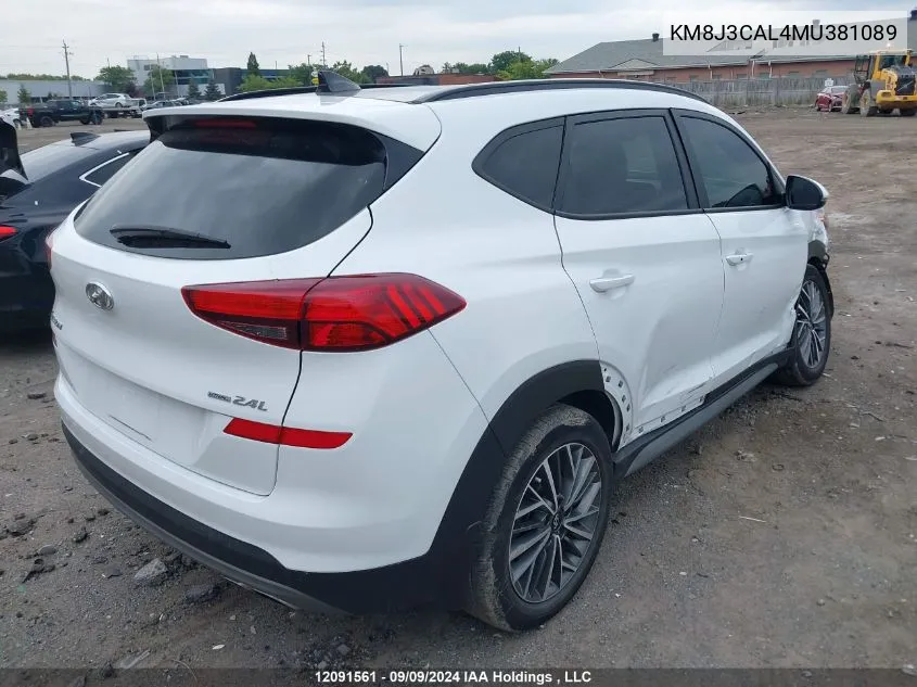 2021 Hyundai Tucson Limited/Sel/Sport/Ultimate/Value VIN: KM8J3CAL4MU381089 Lot: 12091561