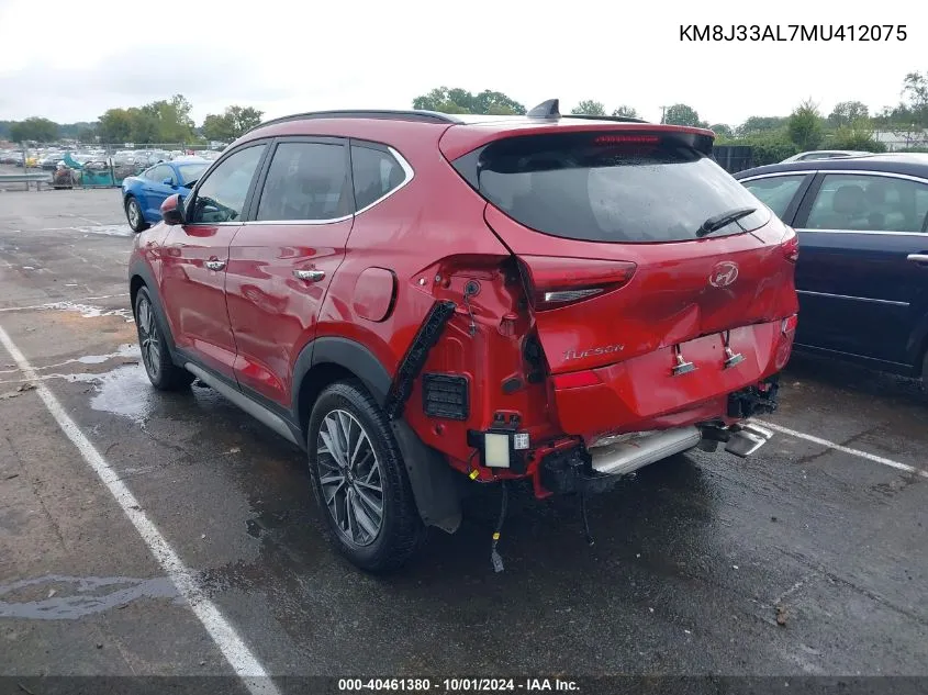 2021 Hyundai Tucson Ultimate VIN: KM8J33AL7MU412075 Lot: 40461380