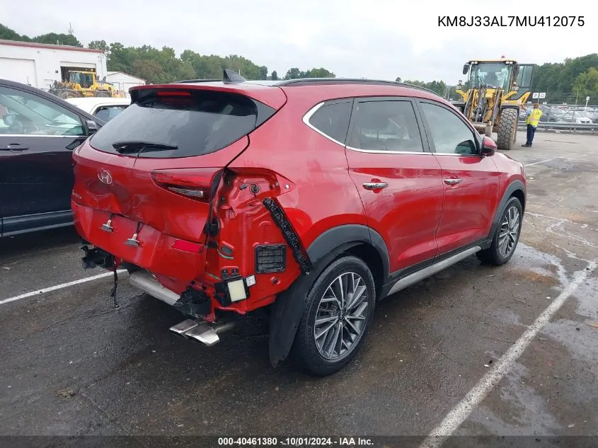 2021 Hyundai Tucson Ultimate VIN: KM8J33AL7MU412075 Lot: 40461380