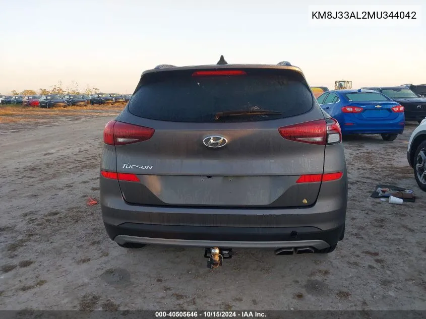 2021 Hyundai Tucson Ultimate VIN: KM8J33AL2MU344042 Lot: 40505646