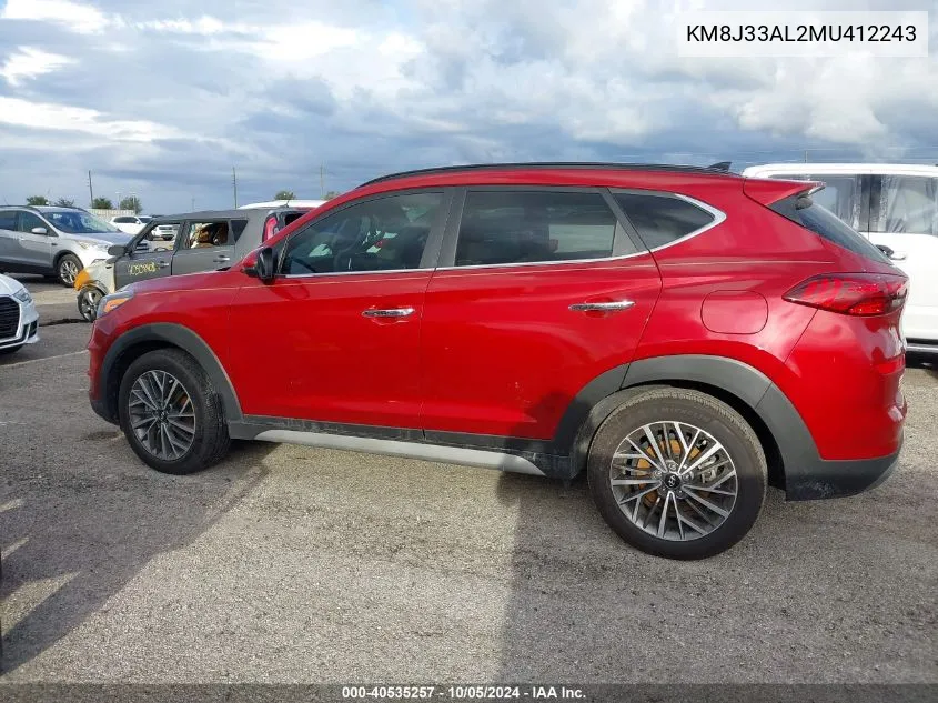 2021 Hyundai Tucson Ultimate VIN: KM8J33AL2MU412243 Lot: 40535257