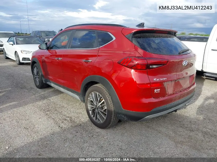 2021 Hyundai Tucson Ultimate VIN: KM8J33AL2MU412243 Lot: 40535257