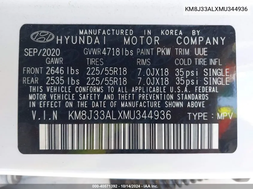 2021 Hyundai Tucson Limited VIN: KM8J33ALXMU344936 Lot: 40571392