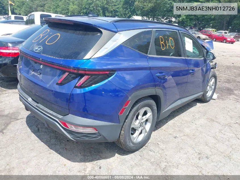 2022 Hyundai Tucson Sel VIN: 5NMJB3AE3NH012726 Lot: 40058651