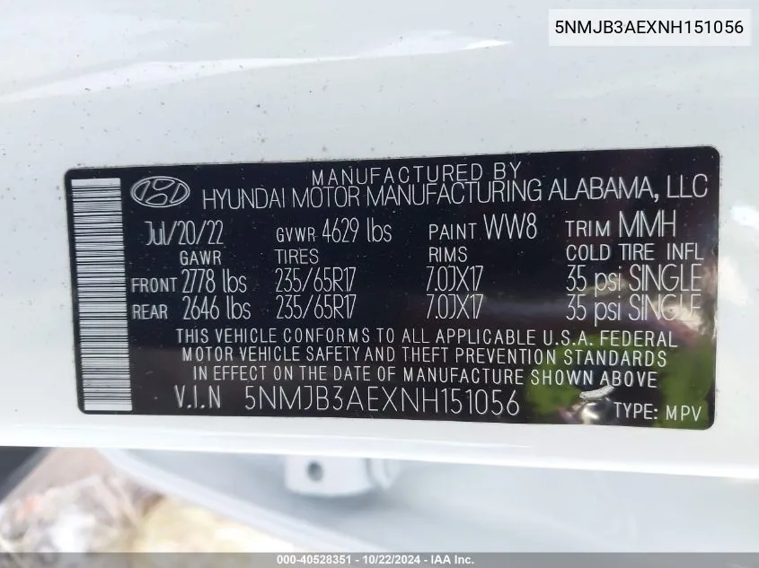 5NMJB3AEXNH151056 2022 Hyundai Tucson Sel