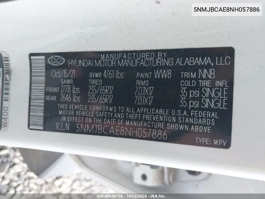 5NMJBCAE8NH057886 2022 Hyundai Tucson Sel