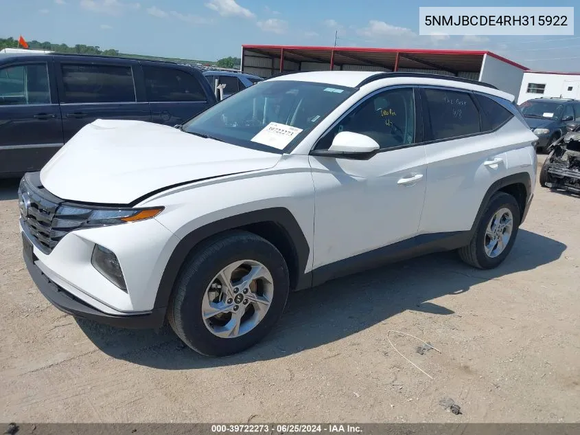 2024 Hyundai Tucson Sel VIN: 5NMJBCDE4RH315922 Lot: 39722273