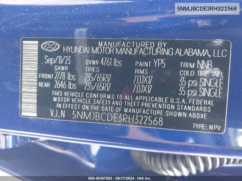 5NMJBCDE3RH322568 2024 Hyundai Tucson Sel