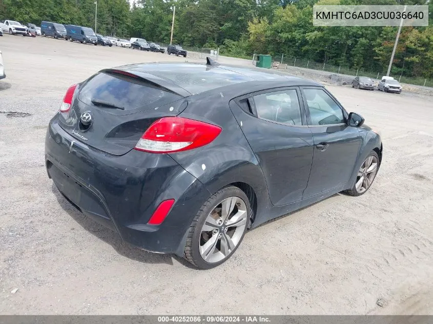 2012 Hyundai Veloster Base W/Red/Black VIN: KMHTC6AD3CU036640 Lot: 40252086