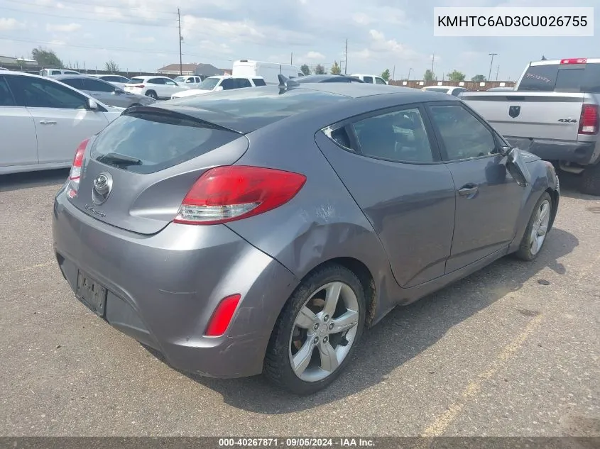 2012 Hyundai Veloster Base W/Black VIN: KMHTC6AD3CU026755 Lot: 40267871