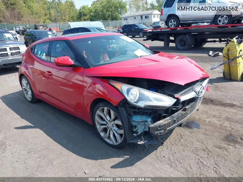 2012 Hyundai Veloster Base W/Red/Black VIN: KMHTC6AD7CU051562 Lot: 40310562