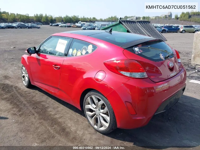 2012 Hyundai Veloster Base W/Red/Black VIN: KMHTC6AD7CU051562 Lot: 40310562