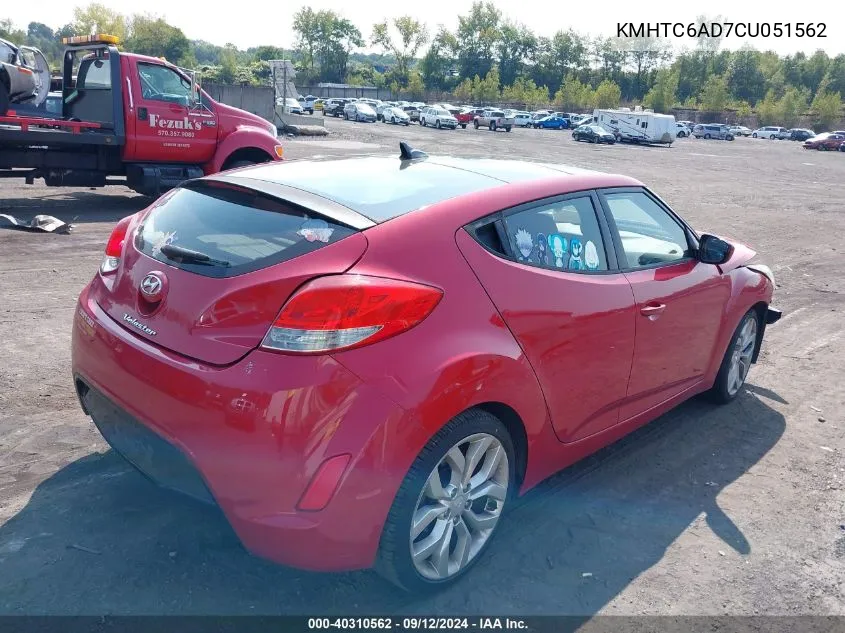 2012 Hyundai Veloster Base W/Red/Black VIN: KMHTC6AD7CU051562 Lot: 40310562