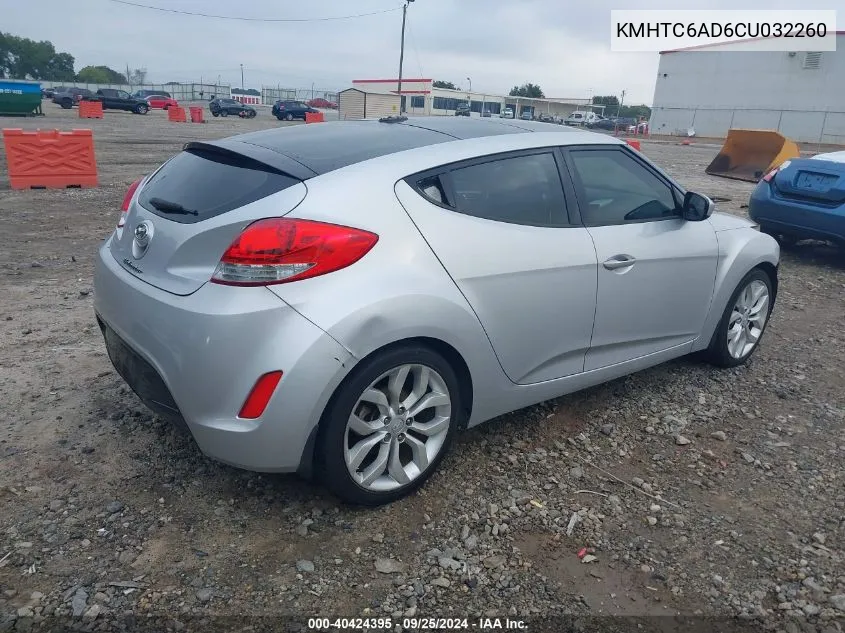 2012 Hyundai Veloster Base W/Gray VIN: KMHTC6AD6CU032260 Lot: 40424395