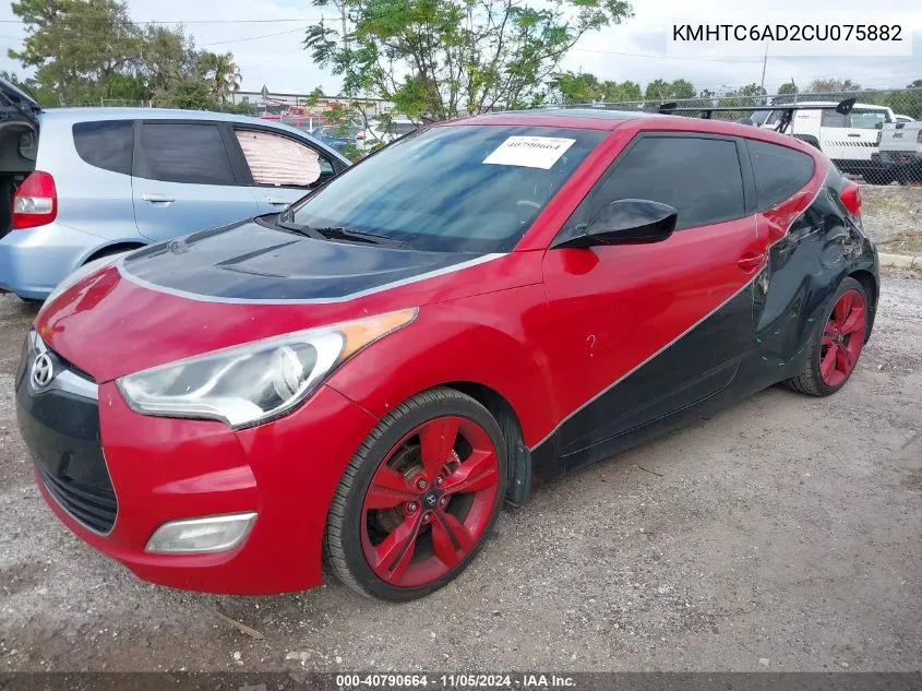 2012 Hyundai Veloster Base W/Red/Black VIN: KMHTC6AD2CU075882 Lot: 40790664