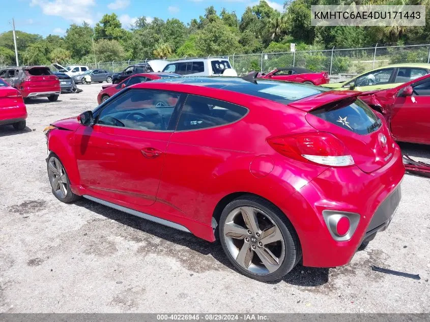 2013 Hyundai Veloster Turbo W/Black VIN: KMHTC6AE4DU171443 Lot: 40226945