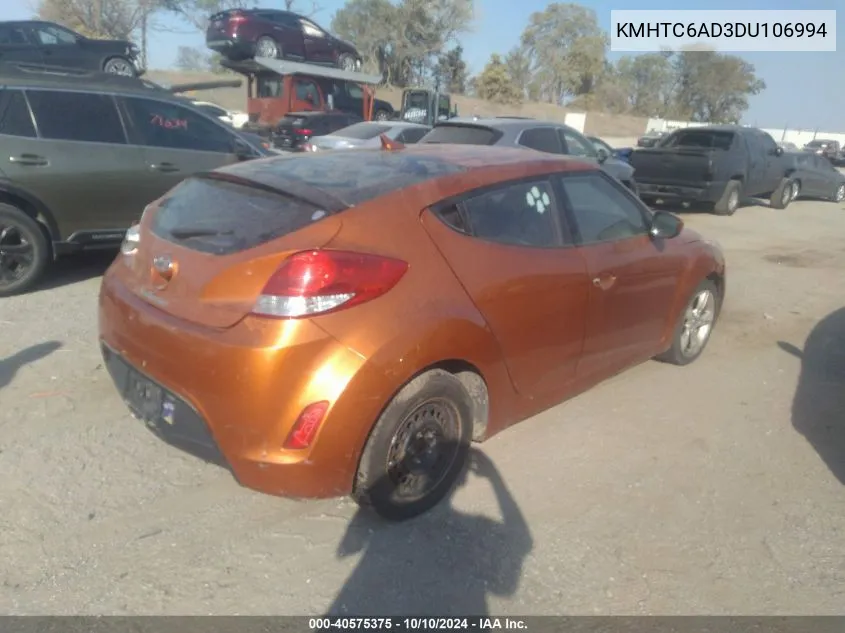 2013 Hyundai Veloster Base W/Black VIN: KMHTC6AD3DU106994 Lot: 40575375