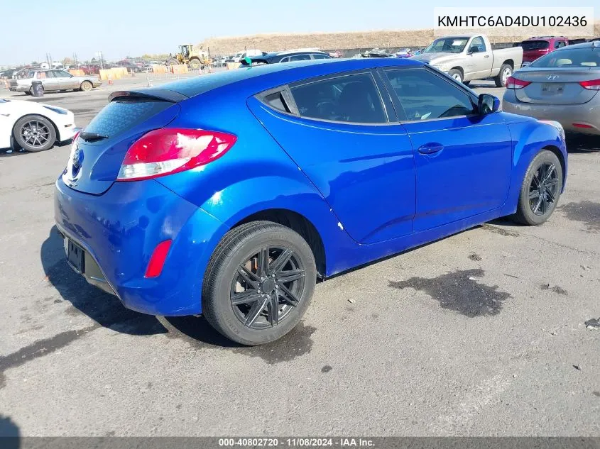 2013 Hyundai Veloster Base W/Black VIN: KMHTC6AD4DU102436 Lot: 40802720