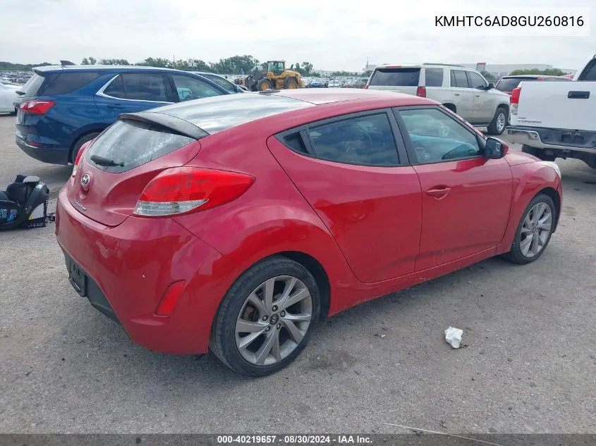 2016 Hyundai Veloster VIN: KMHTC6AD8GU260816 Lot: 40219657