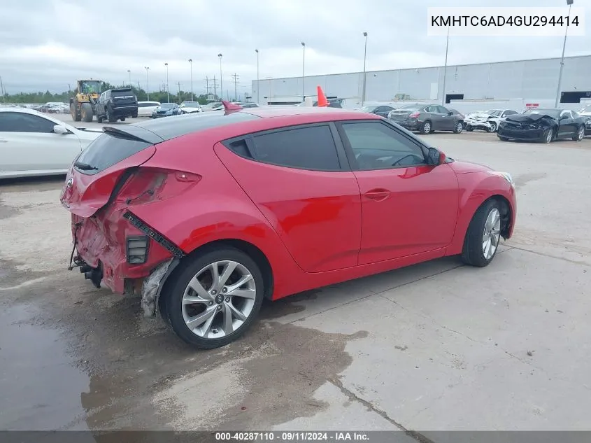 2016 Hyundai Veloster VIN: KMHTC6AD4GU294414 Lot: 40287110