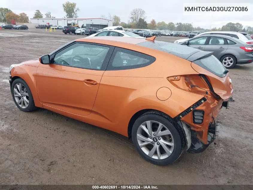 2016 Hyundai Veloster VIN: KMHTC6AD3GU270086 Lot: 40602691