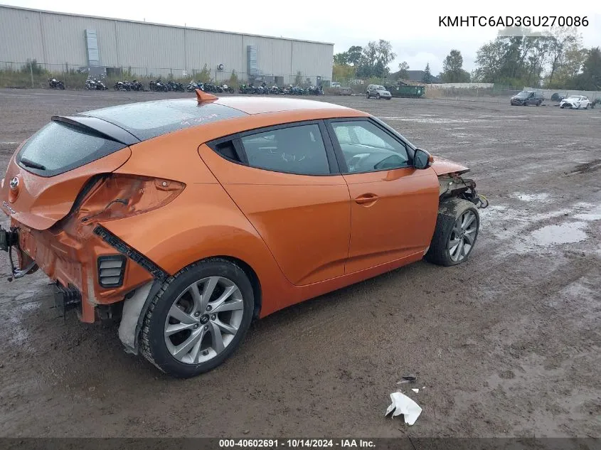 2016 Hyundai Veloster VIN: KMHTC6AD3GU270086 Lot: 40602691