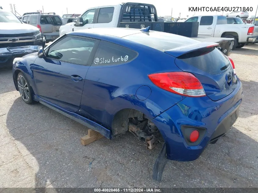 2016 Hyundai Veloster Turbo VIN: KMHTC6AE4GU271840 Lot: 40828465