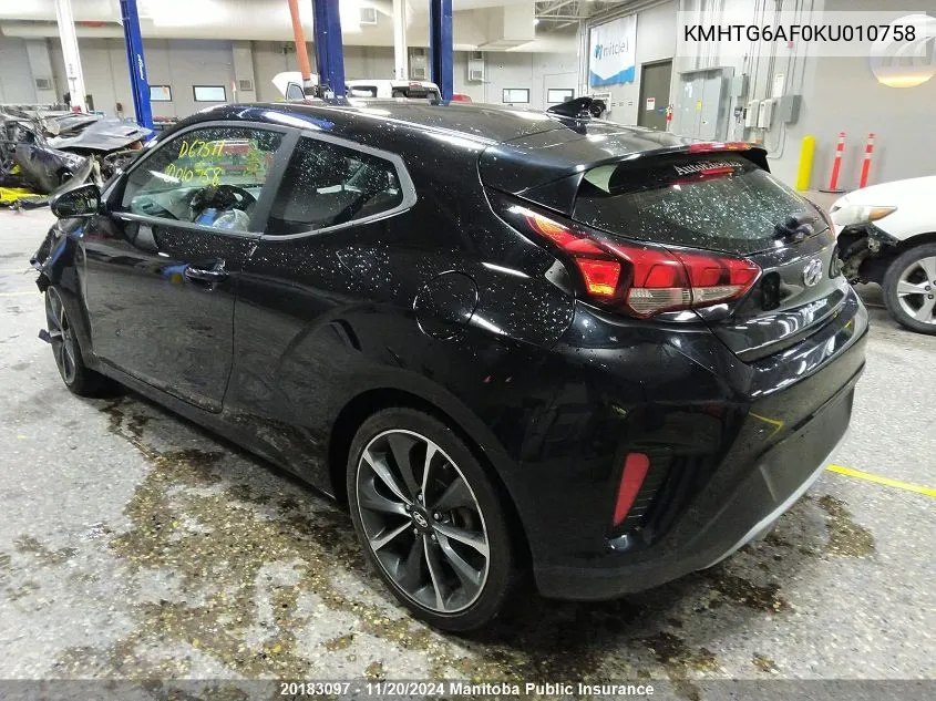 2019 Hyundai Veloster VIN: KMHTG6AF0KU010758 Lot: 20183097