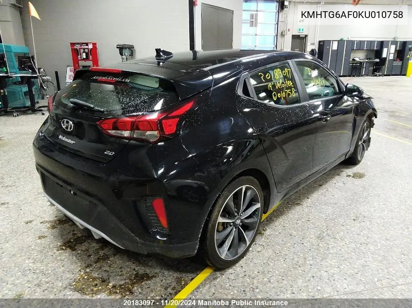 2019 Hyundai Veloster VIN: KMHTG6AF0KU010758 Lot: 20183097