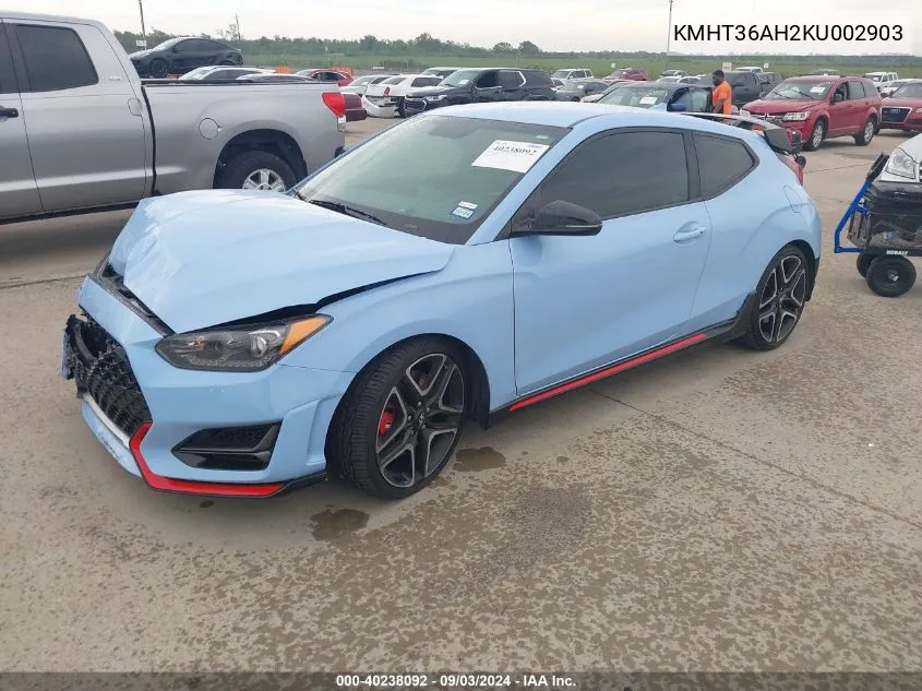 2019 Hyundai Veloster N VIN: KMHT36AH2KU002903 Lot: 40238092