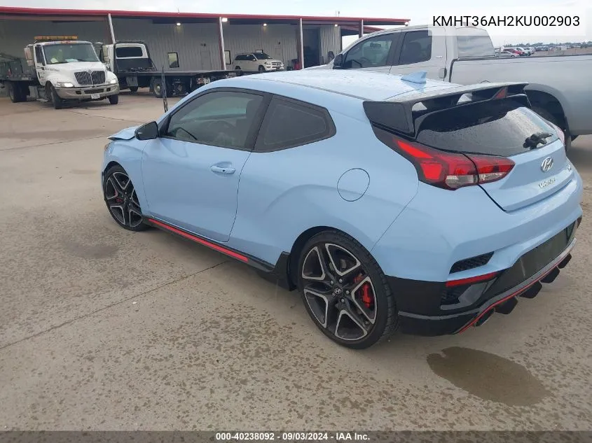 2019 Hyundai Veloster N VIN: KMHT36AH2KU002903 Lot: 40238092