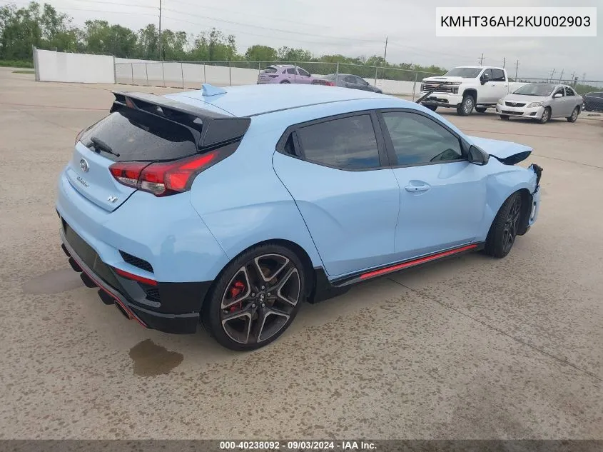 2019 Hyundai Veloster N VIN: KMHT36AH2KU002903 Lot: 40238092